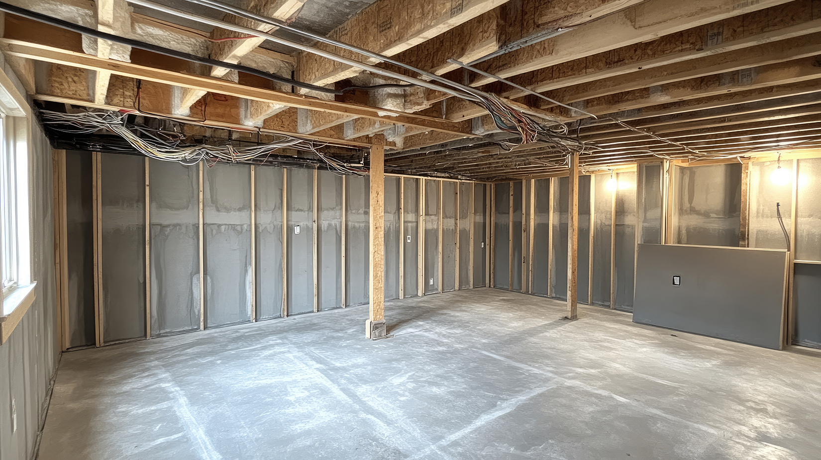 Unfinished Basement Interior with Exposed Beams and Wiring in Re basement remodel and electrical wiring