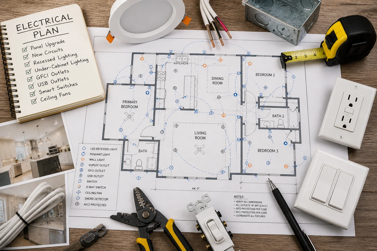Electrical planning layout for a home renovation showing wiring, outlets, lighting, and circuit design