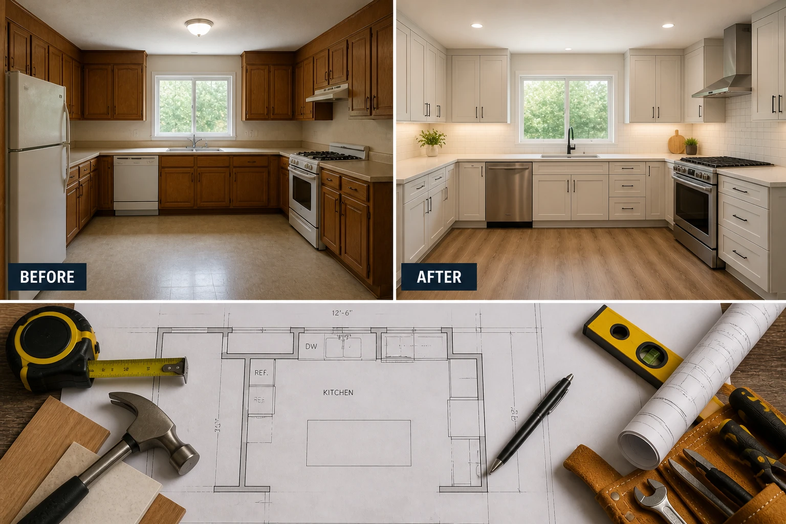 Before and after kitchen remodel by a Denver general contractor showing updated cabinets, layout, and finishes