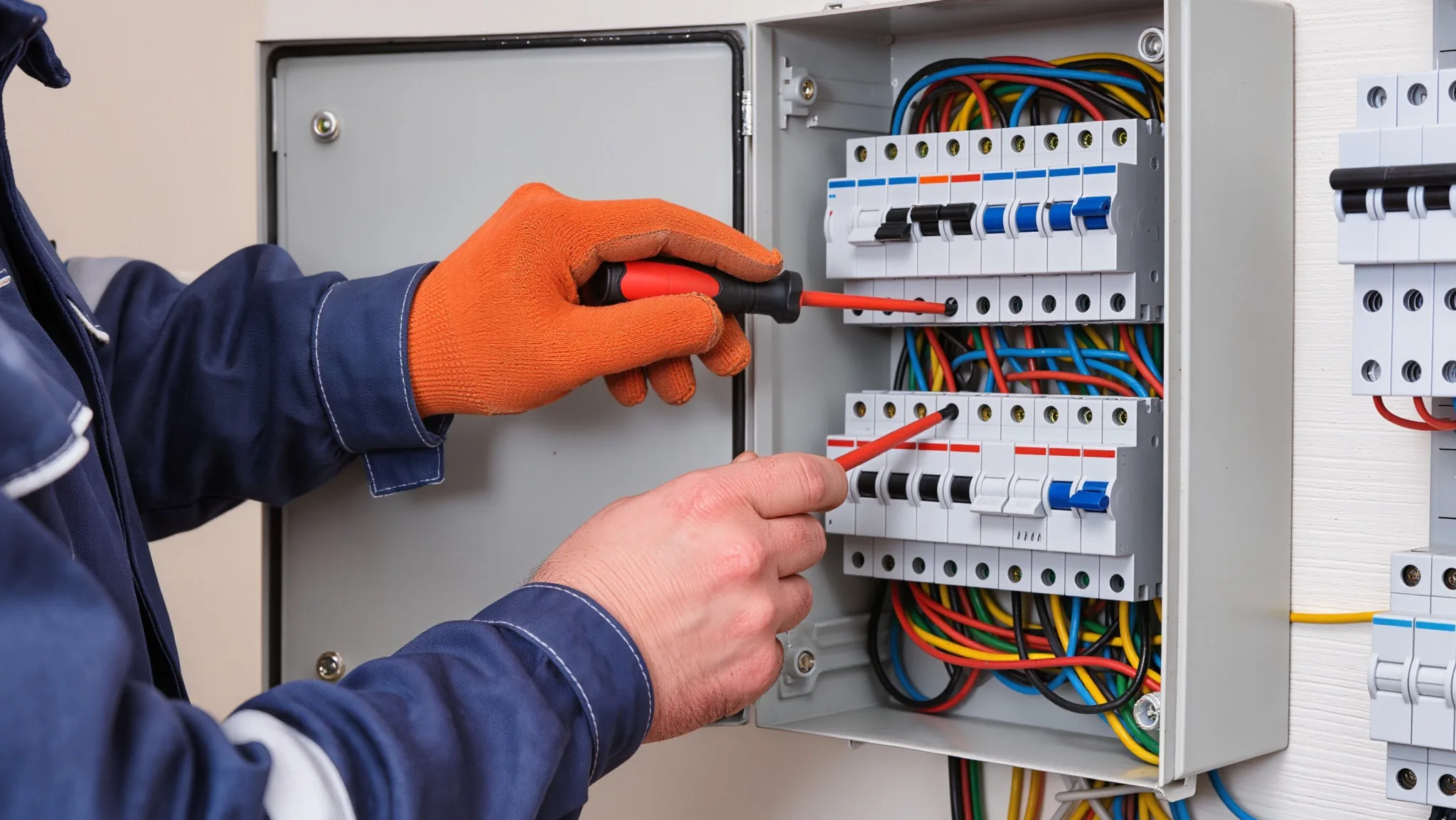 electrician-inspecting-electrical-panel-code-compliance Licensed electrician inspecting an electrical panel for code compliance during a renovation