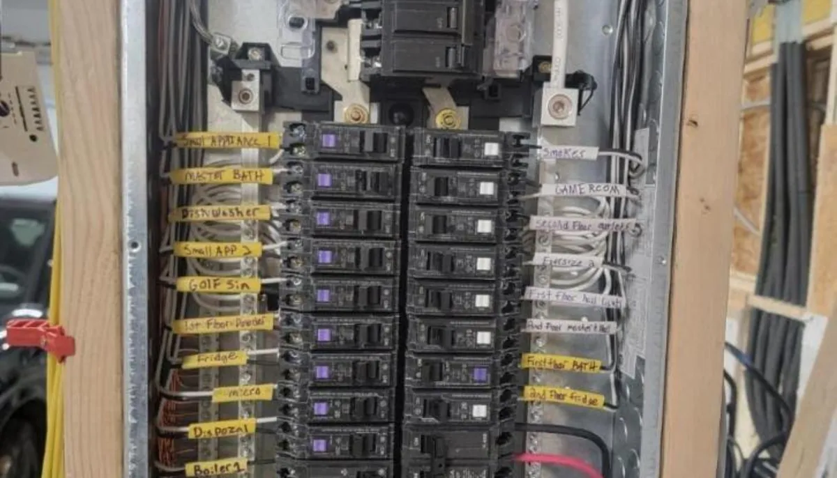 New electrical panel with labeled circuits installed in open wall framing during a Denver home remodel rough-in