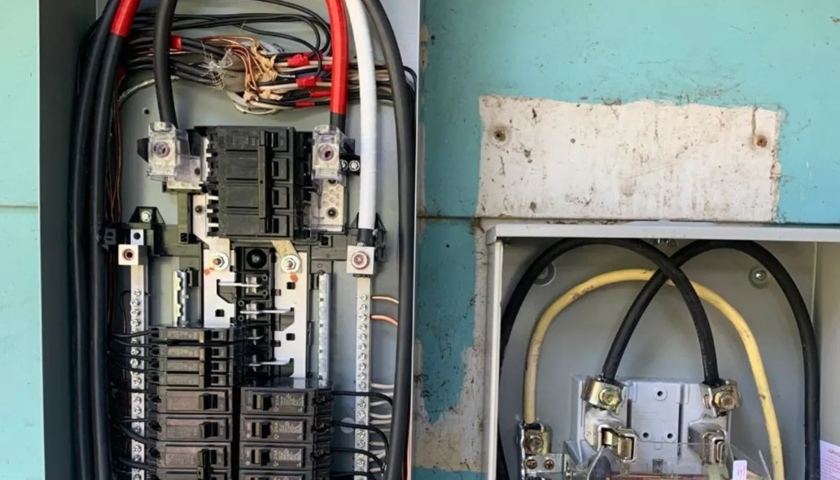 Open breaker panel and electric meter base with new service wiring during a whole-home rewiring project